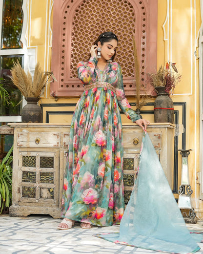 Premium viscose natural crepe printed gown K1159