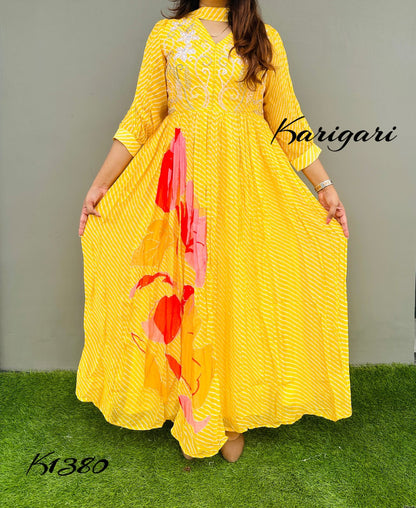 K1380 Premium georgette lehriya gown in yellow