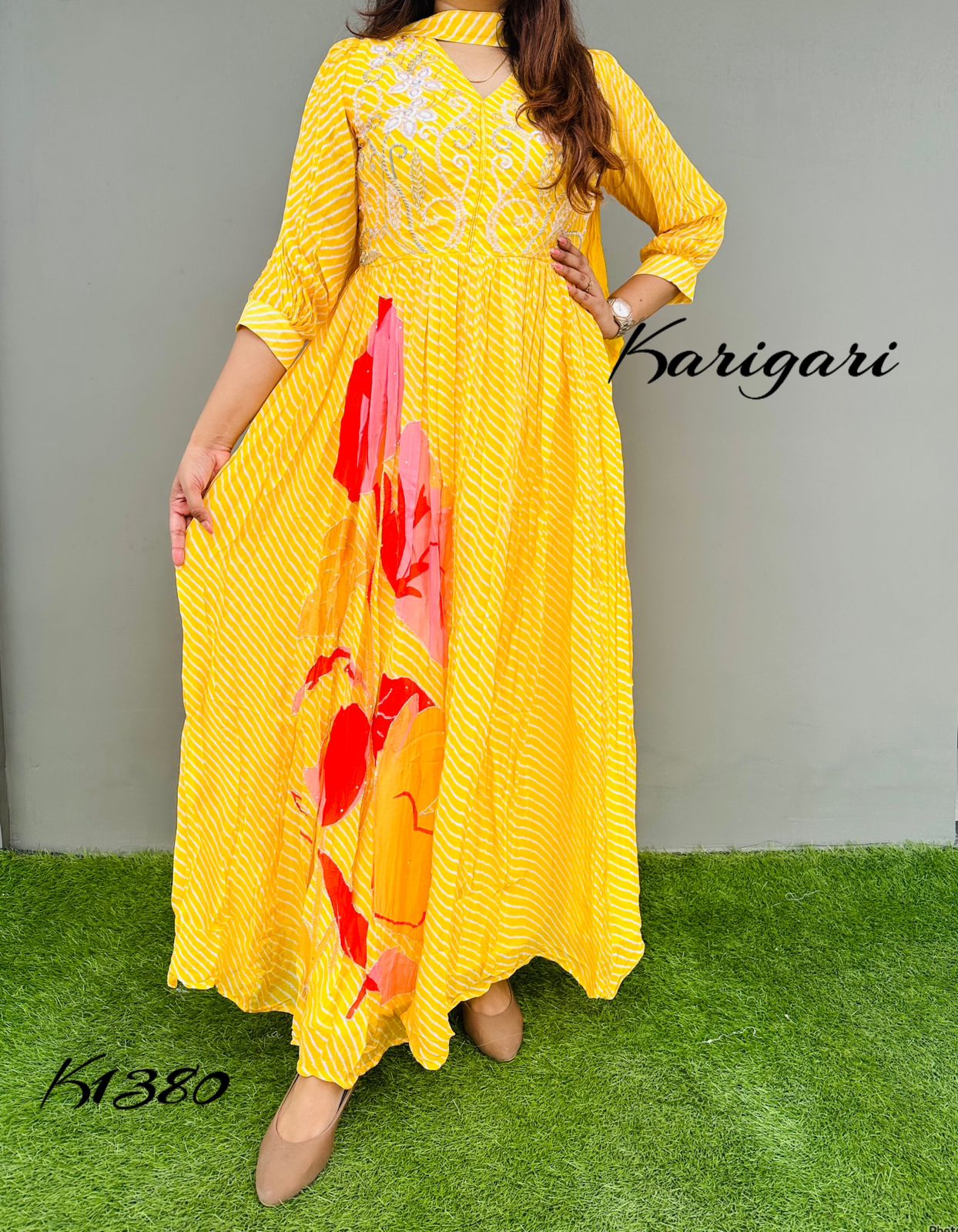 K1380 Premium georgette lehriya gown in yellow