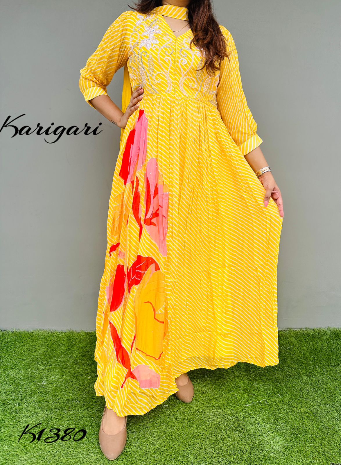 K1380 Premium georgette lehriya gown in yellow