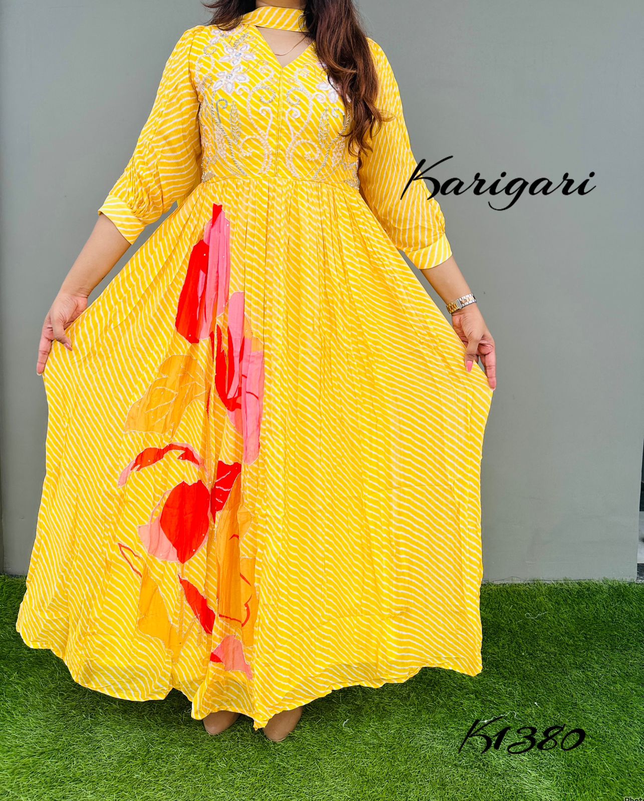 K1380 Premium georgette lehriya gown in yellow