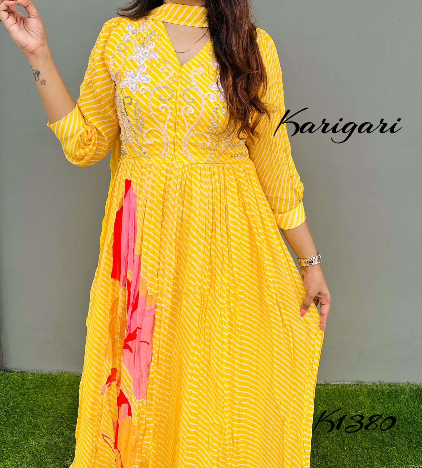 K1380 Premium georgette lehriya gown in yellow