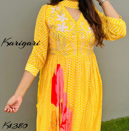 K1380 Premium georgette lehriya gown in yellow