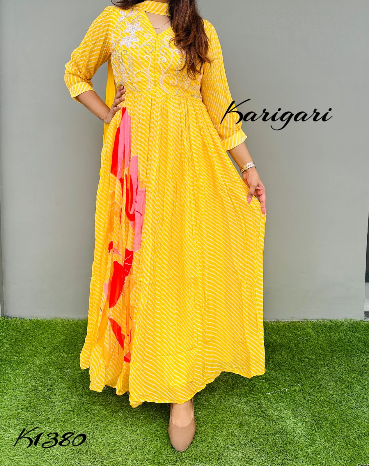 K1380 Premium georgette lehriya gown in yellow