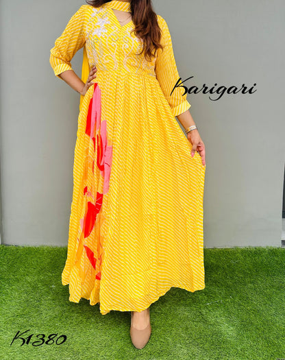 K1380 Premium georgette lehriya gown in yellow