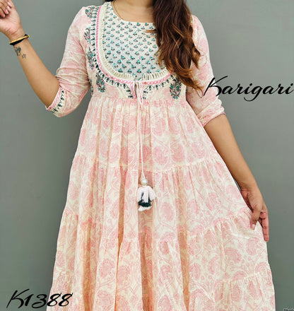 Premium mul cotton full flare beautifully printed gown k1388