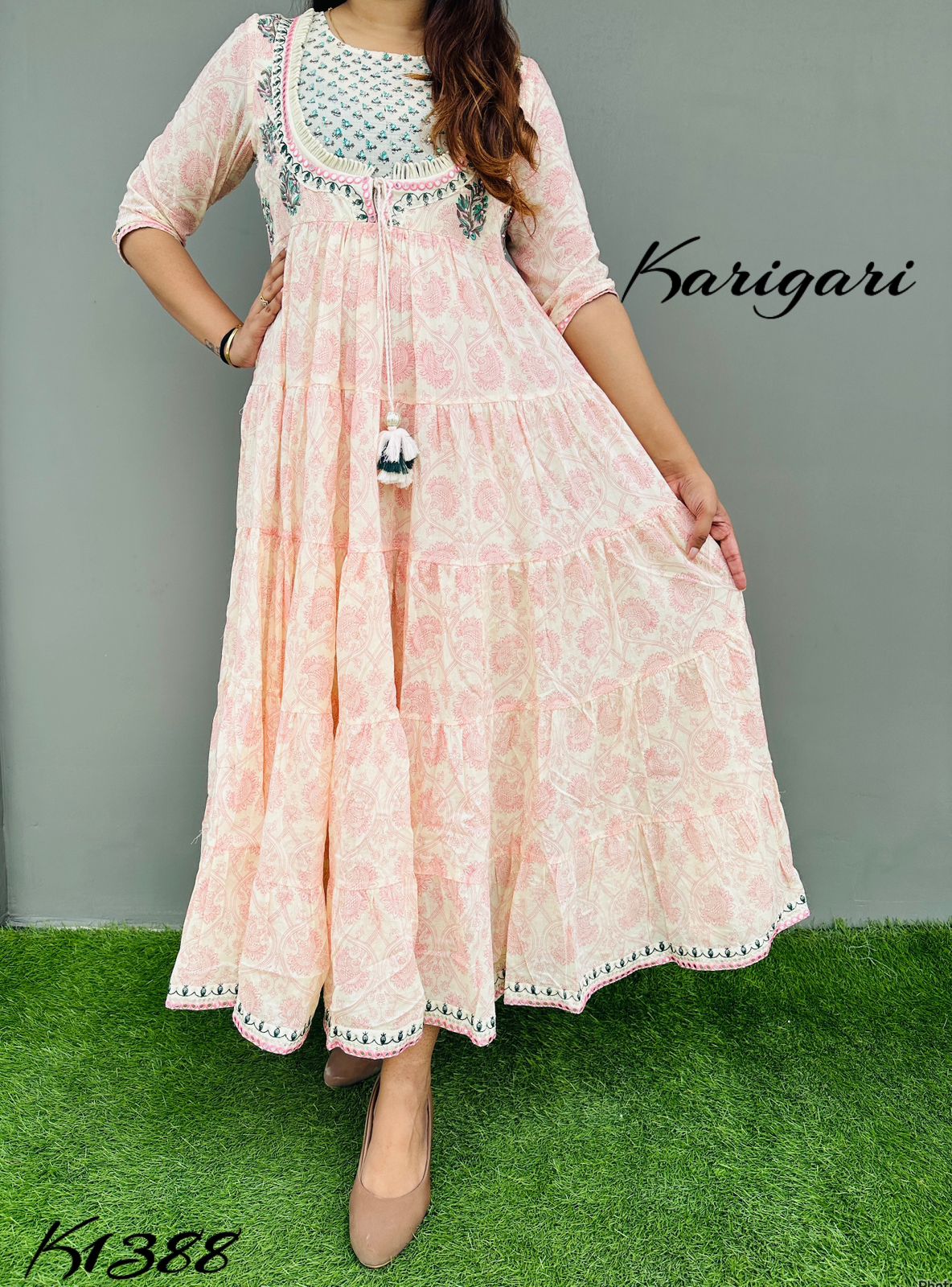 Premium mul cotton full flare beautifully printed gown k1388