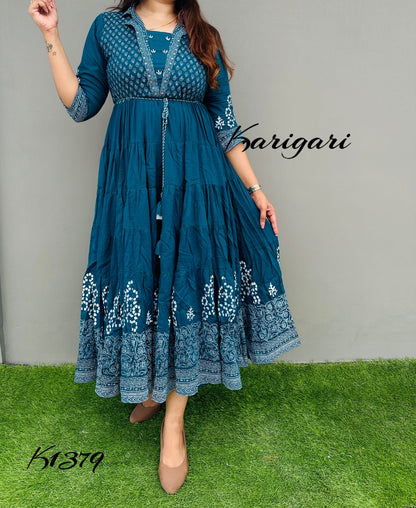 k1379 Premium cotton gown beautifully block printed with flare