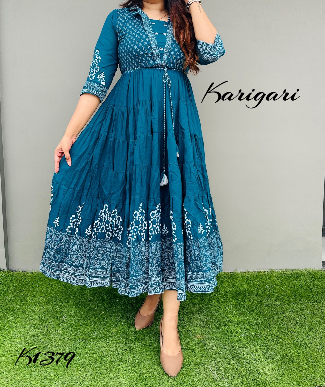 k1379 Premium cotton gown beautifully block printed with flare