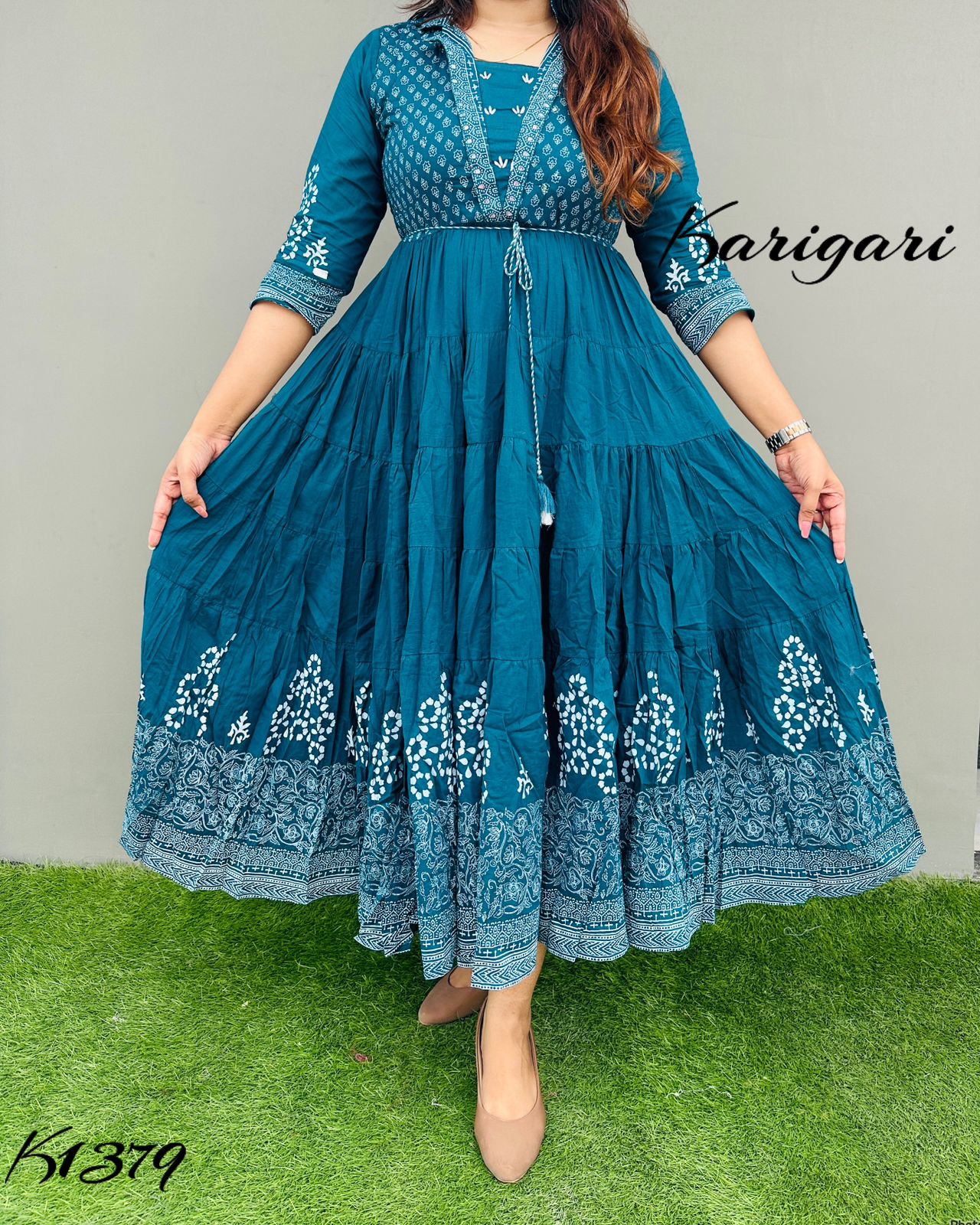 k1379 Premium cotton gown beautifully block printed with flare