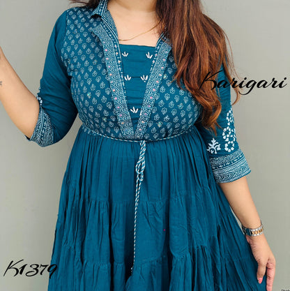 k1379 Premium cotton gown beautifully block printed with flare