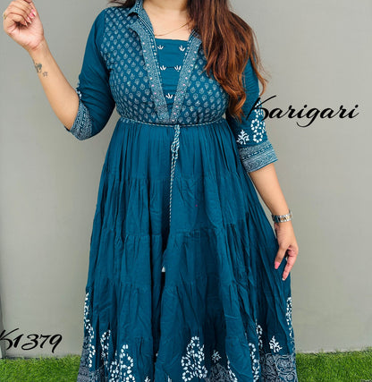 k1379 Premium cotton gown beautifully block printed with flare