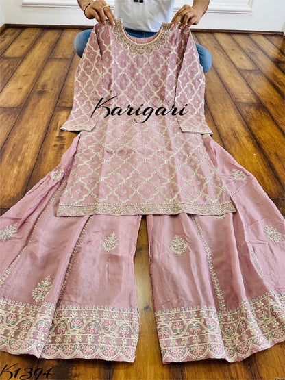 K1394 Premium Pure chinnon silk & 3 pc sharara set with lining. With work on kurti, sharara n dupatta..