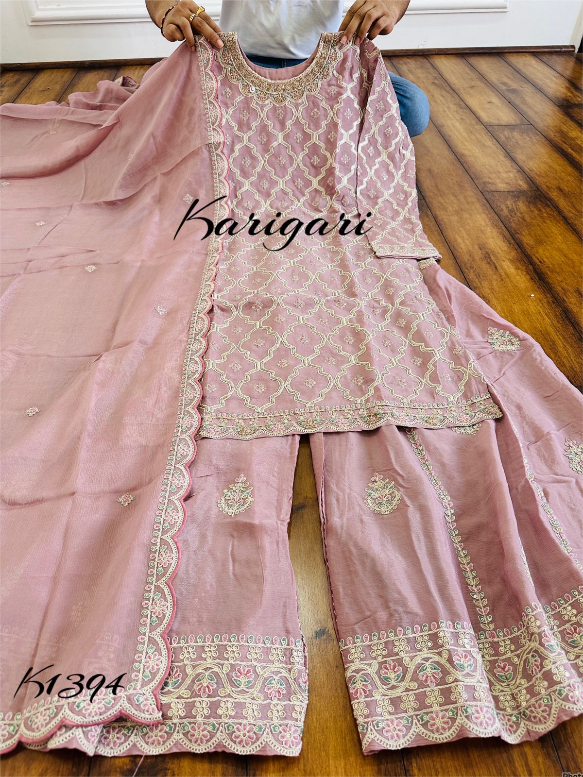 K1394 Premium Pure chinnon silk & 3 pc sharara set with lining. With work on kurti, sharara n dupatta..