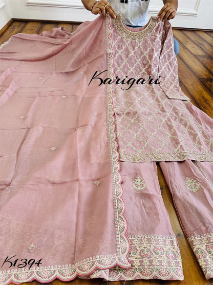 K1394 Premium Pure chinnon silk & 3 pc sharara set with lining. With work on kurti, sharara n dupatta..