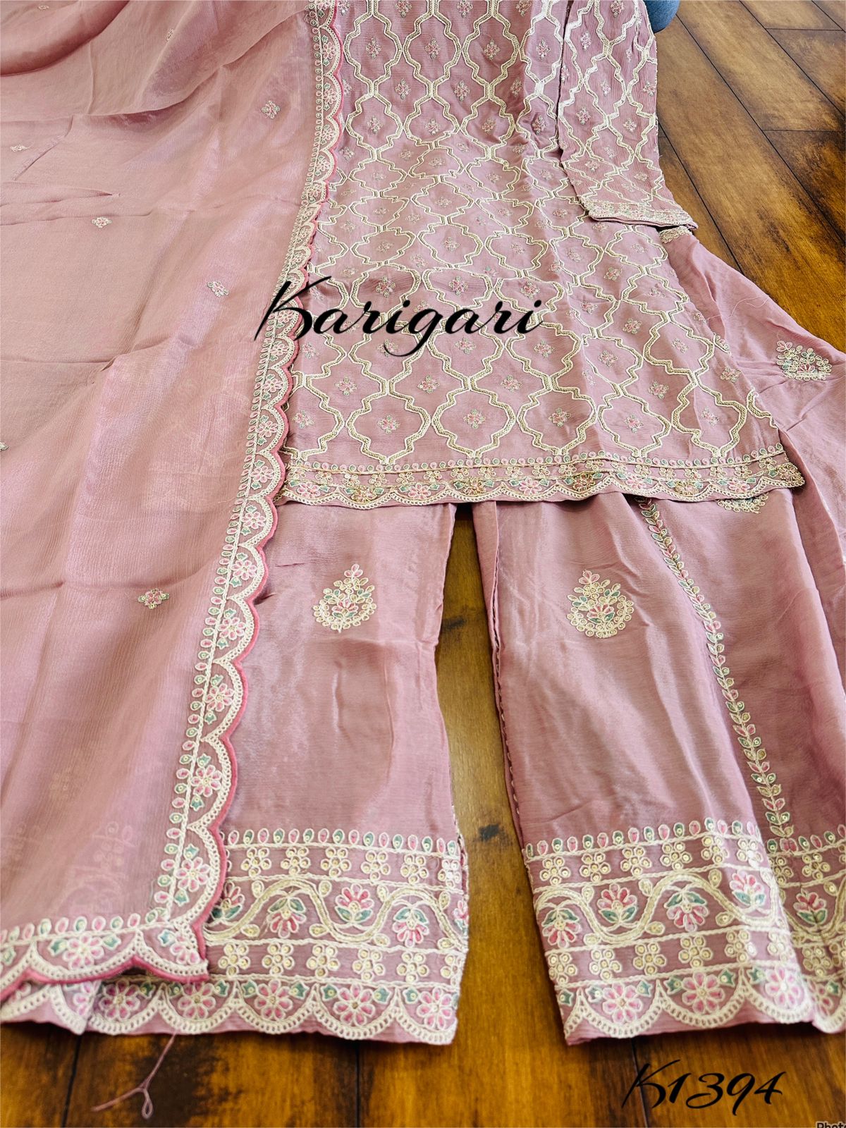 K1394 Premium Pure chinnon silk & 3 pc sharara set with lining. With work on kurti, sharara n dupatta..