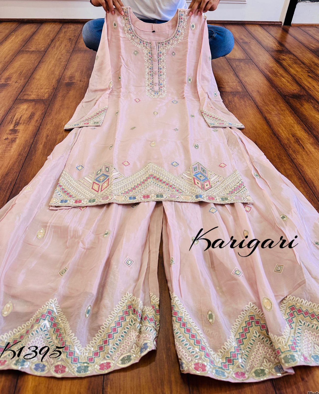 K1395 Premium Pure chinnon silk &nbsp;3 pc sharara set with lining. With work on kurti, sharara n dupatta..