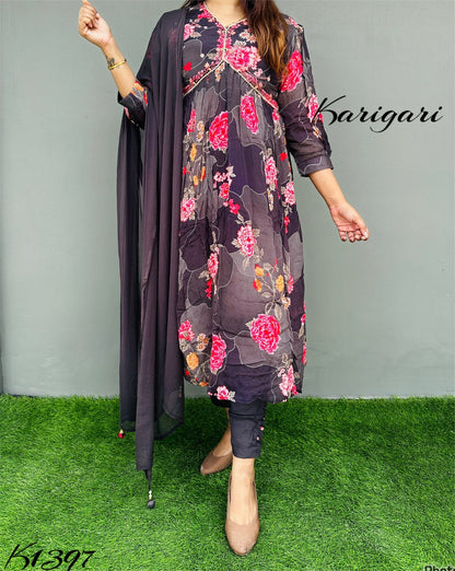 k1397 Premium & quality pure chinnon beautifully printed 3pc suit