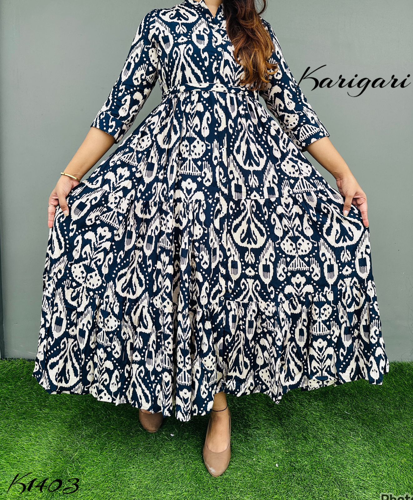 k1403 Premium Russian silk & gown beautifully printed in dark navy blue colour