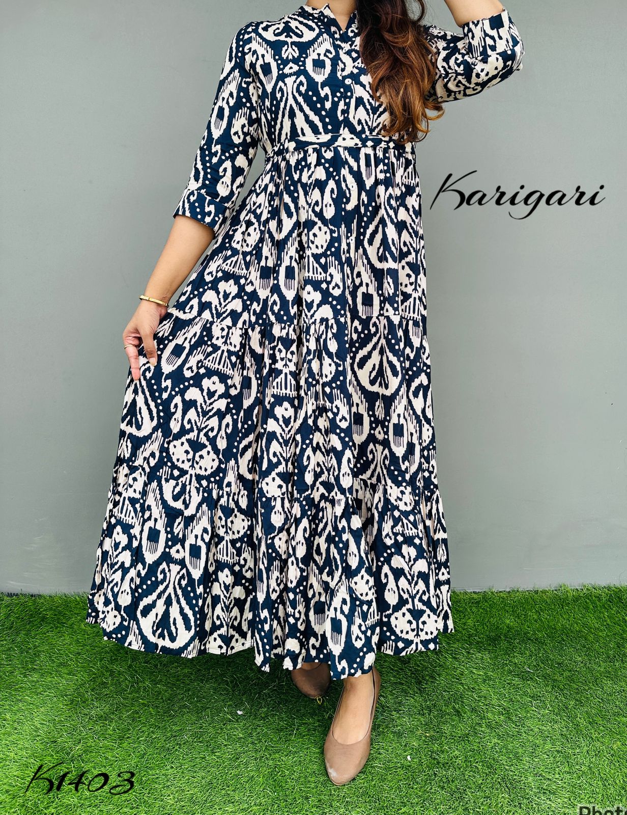 k1403 Premium Russian silk & gown beautifully printed in dark navy blue colour