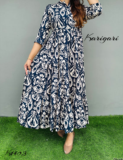 k1403 Premium Russian silk & gown beautifully printed in dark navy blue colour