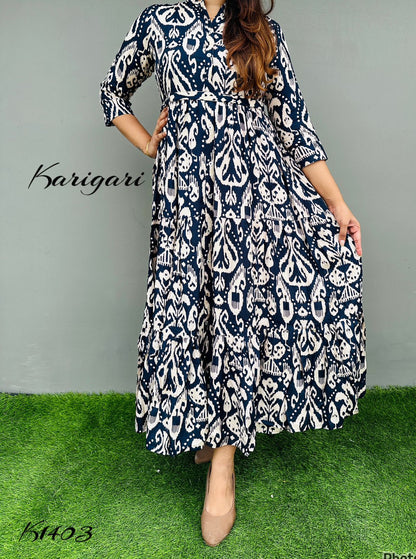 k1403 Premium Russian silk & gown beautifully printed in dark navy blue colour