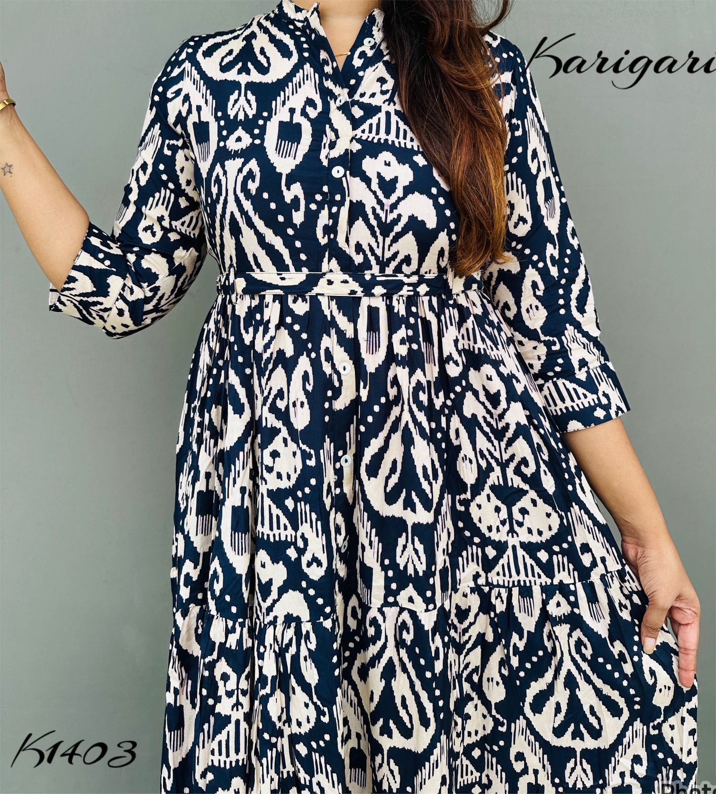 k1403 Premium Russian silk & gown beautifully printed in dark navy blue colour