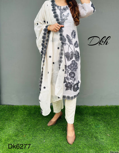 Dk6277 Premium pure linen 3 pc suit set beautifully embroidered on front as well as back..