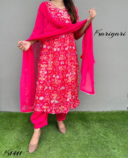 K1411 Premium pure chinnon 3 pc suit set with Afghani pants paired up with lace duppta..