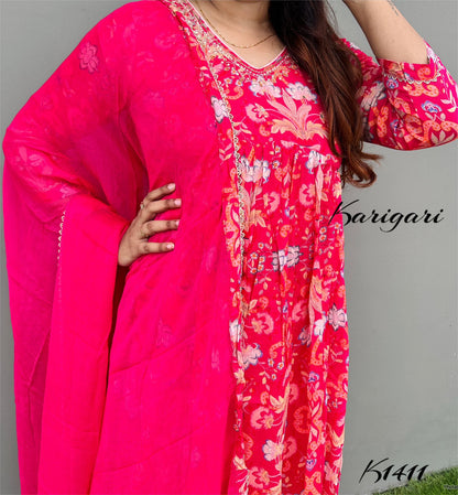 K1411 Premium pure chinnon 3 pc suit set with Afghani pants paired up with lace duppta..