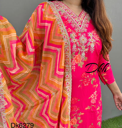 dk6269 Premium pure silk 3 pc suit set with lining inside paired up with pure organza dupatta.