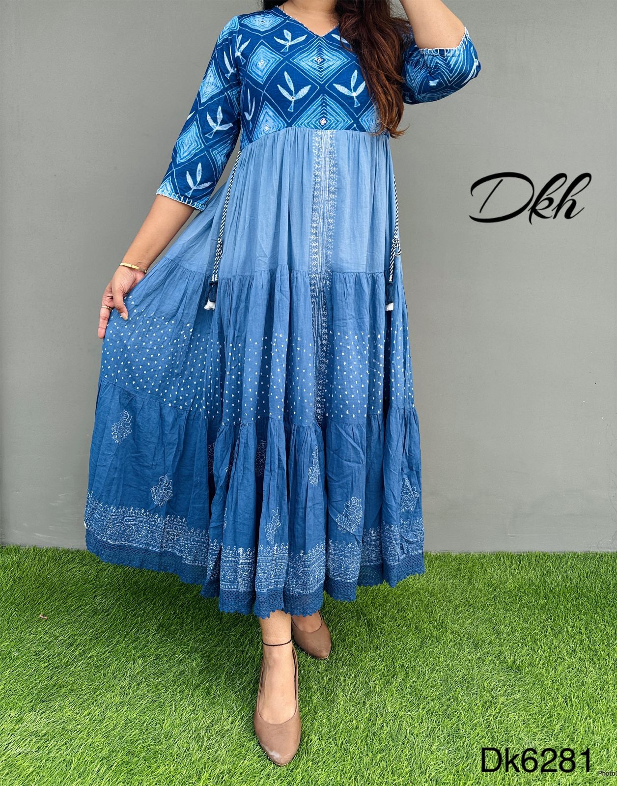 dk6281 Premium mul cotton tie dye full flare block printed gown