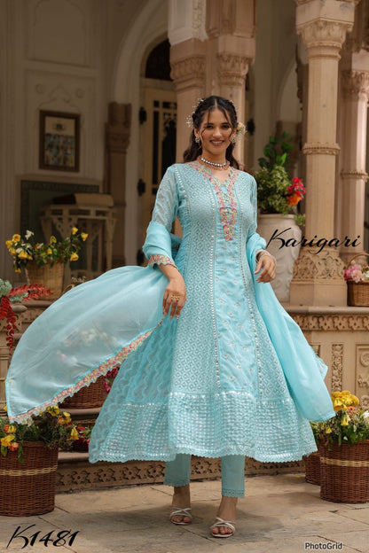 karigari by DKH k1481  Premium organza   3 pc anarkali suit set