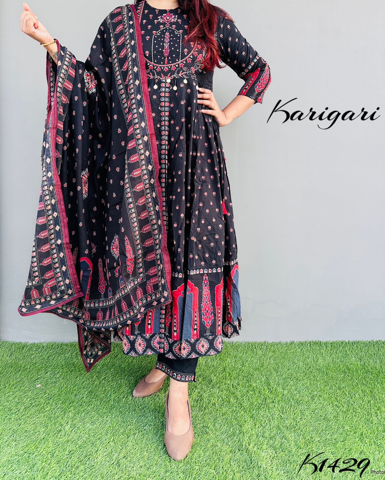 karigari by DKH k1429  Premium cotton full flare 3pc suit set