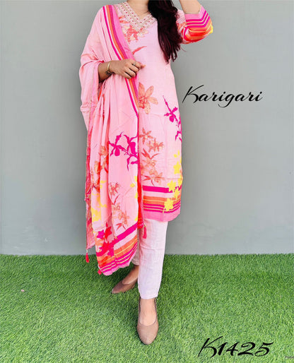 karigari by DKH k1425   Premium maslin 3 pc suit set