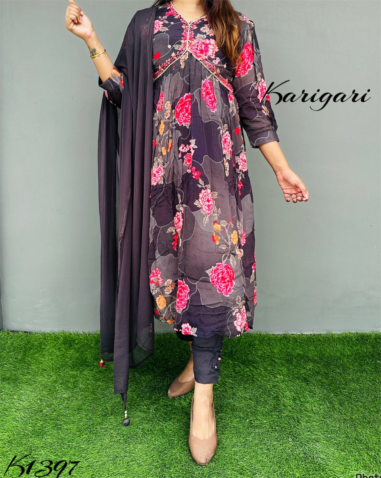 karigari by DKH k1397  Premium quality pure chinnon  3pc suit