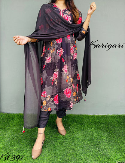 karigari by DKH k1397  Premium quality pure chinnon  3pc suit